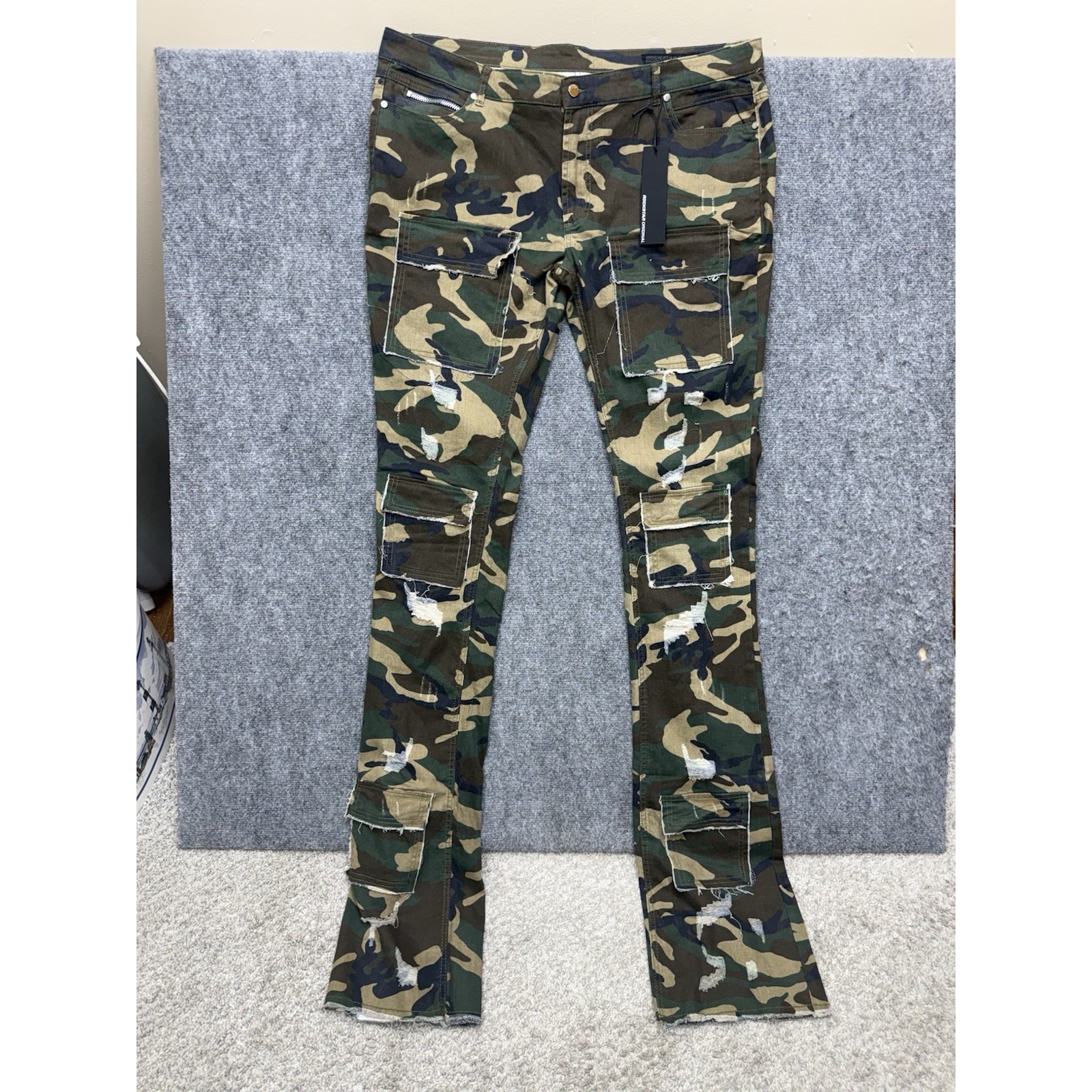 Rockstar Original Green Camo Cargo Super Stacked Flare Jeans Men's Size 44 44x47